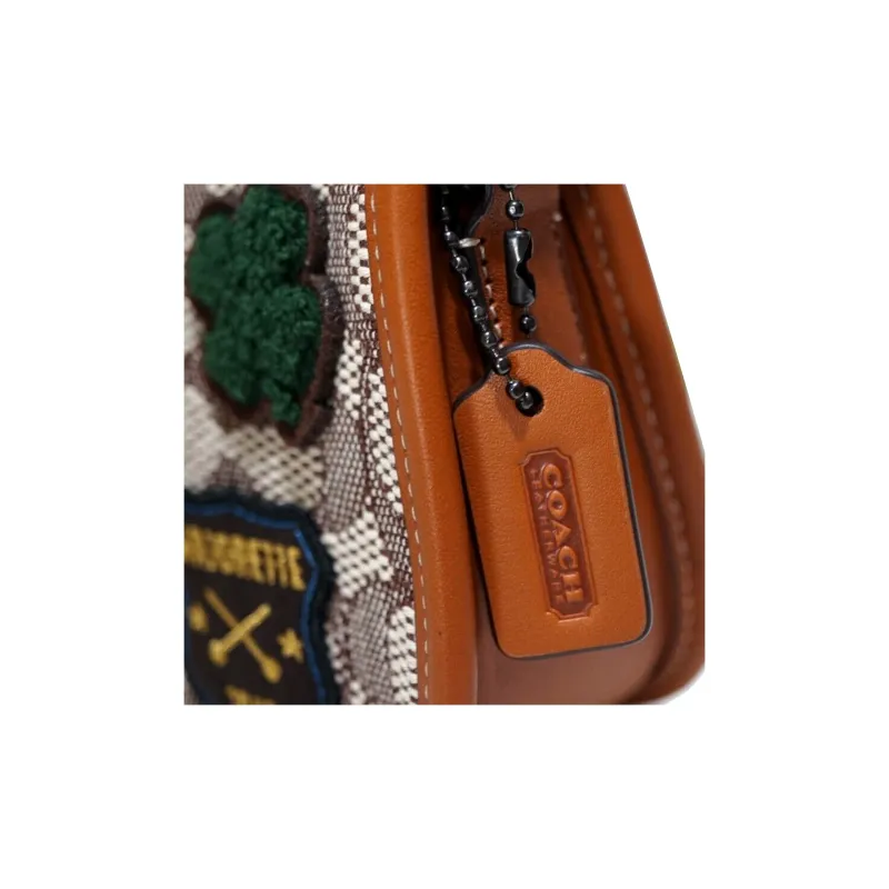 COACH Swinger Jacquard Fabric With Gloves Tanned Leather Handbag Shoulder Bag Women's Amber-4