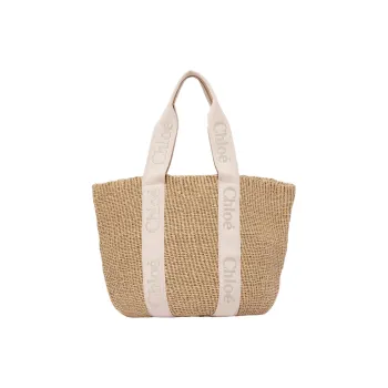 Chloe Woody Paper With Calfskin One Shoulder Handbag Large Size Women's Blush Beige