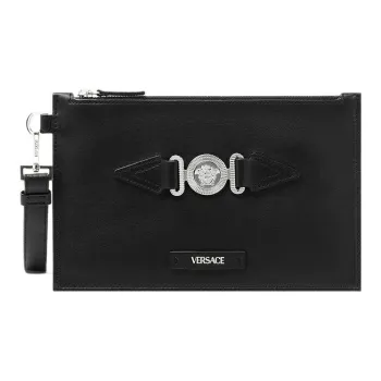 VERSACE MEDUSA BIGGIE Series Cow Leather Clutch Small Size Men's Black & Silver
