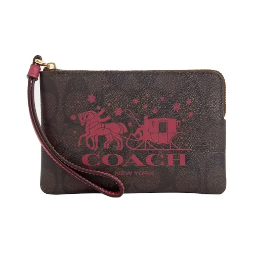 COACH Corner Zip Coated Canvas With Smooth Leather Wrist Bag Clutch Women's Brown & Red