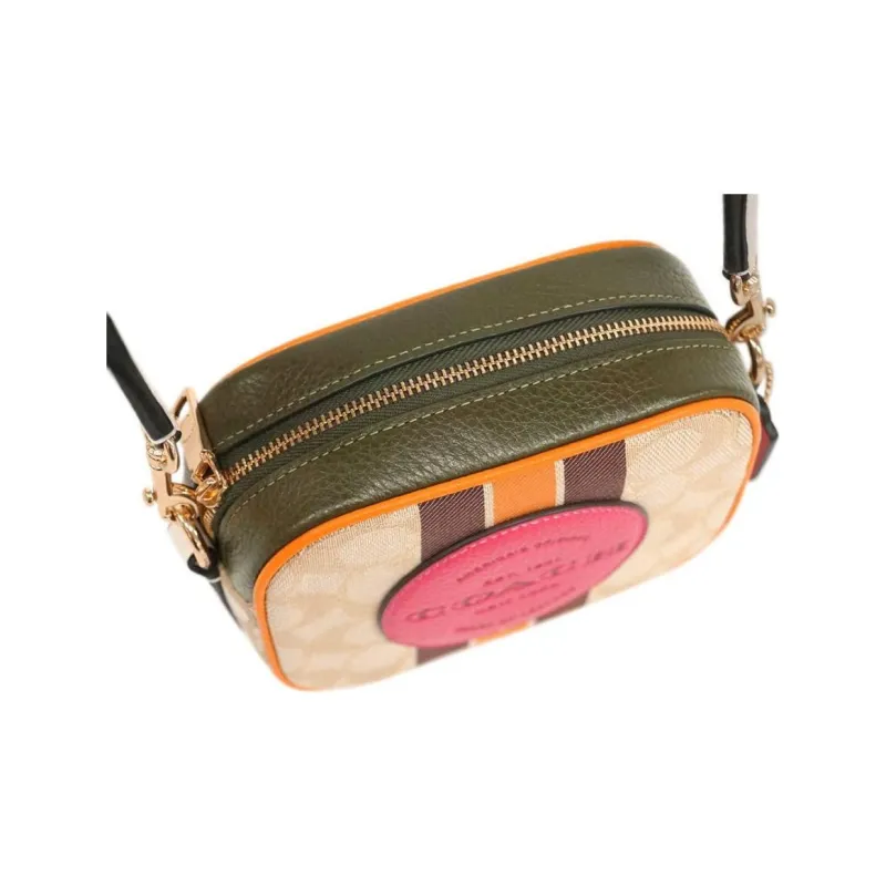 COACH Dempsey Canvas With Leather Camera Bag, Shoulder Bag, Crossbody Bag Mini Women's Light Brown Monogram & Red-3