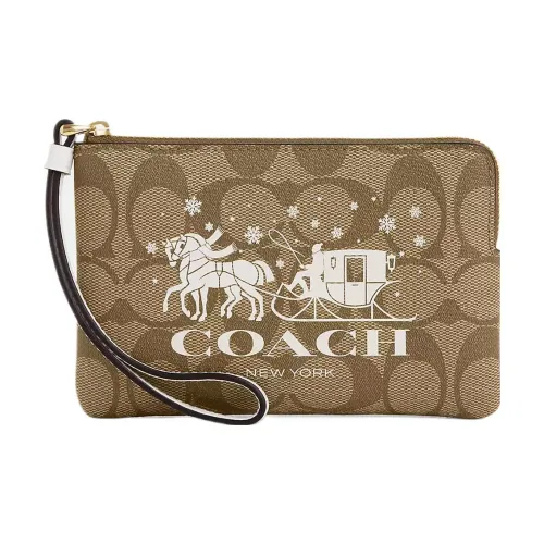COACH Corner Zip Coated Canvas With Smooth Leather Clutch Women's Gold & Khaki & Chalk