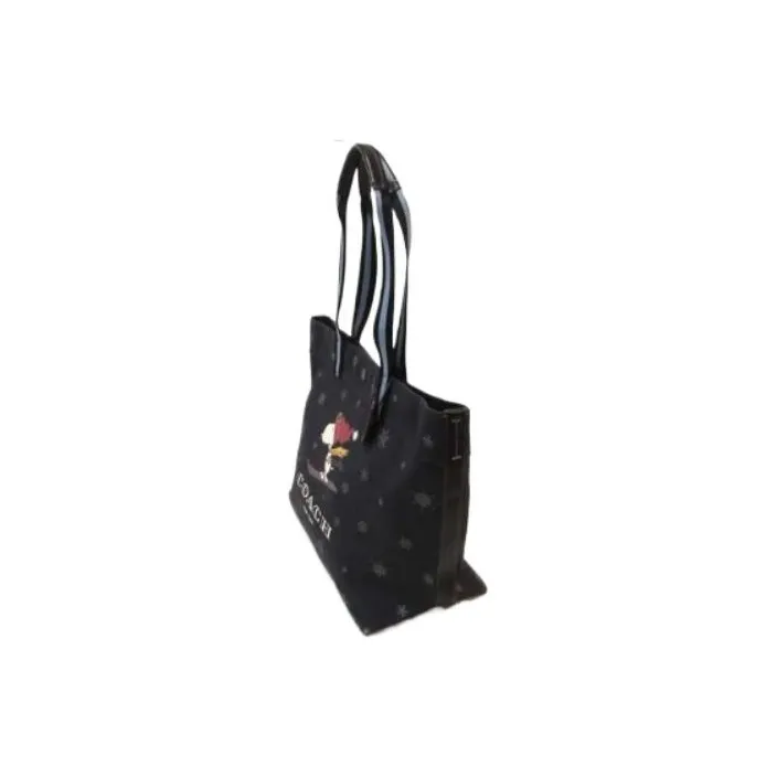 COACH Peanuts Snoopy Collaboration Canvas With Calfskin Tote Bag, Shopping Bag, Canvas Bag, Shoulder Bag Women's Black-1