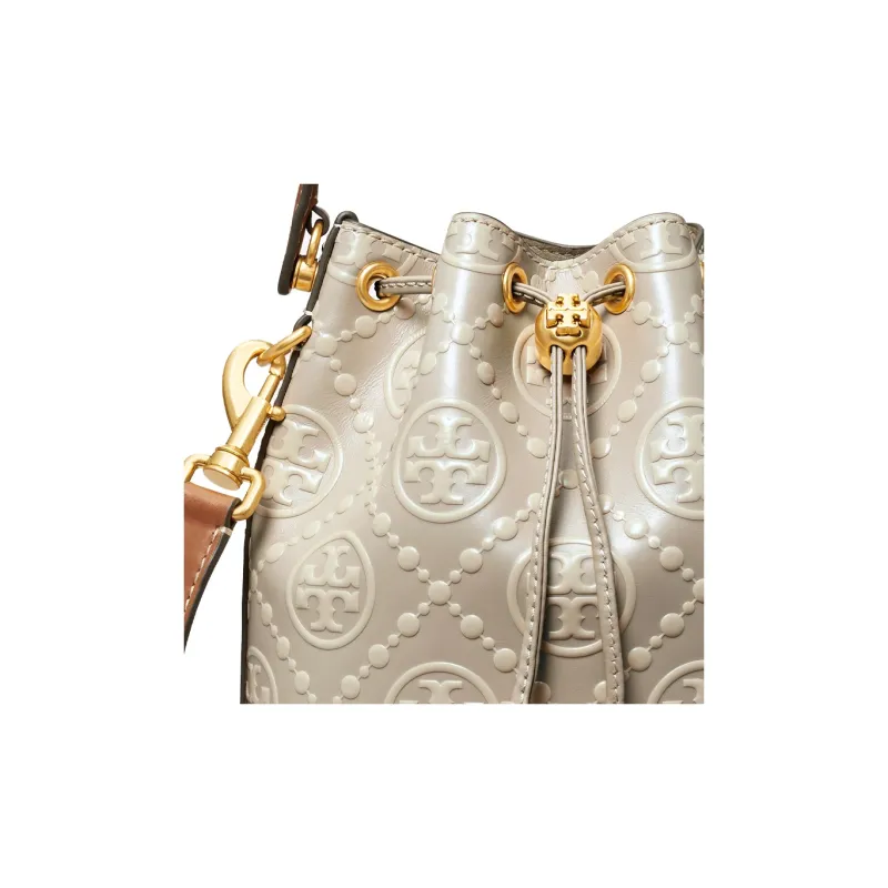 TORY BURCH T Monogram Leather Bucket Bag, Handbag, Shoulder Bag, Crossbody Bag Women's Longan Brown & Cream White-4