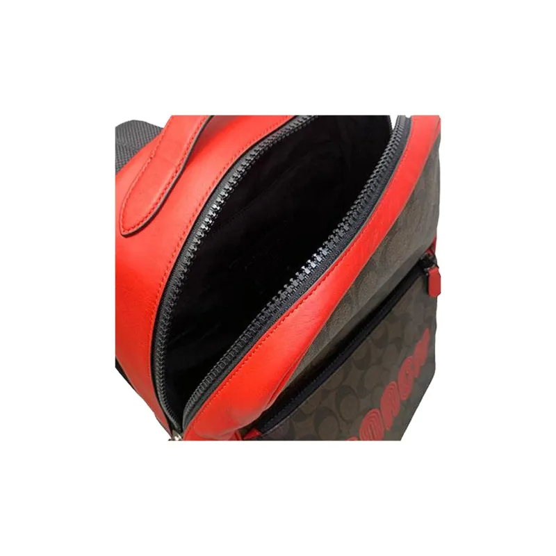 COACH Westway Coated Canvas With Smooth Calfskin Backpack Large Size Unisex Mahogany Color With Red-3