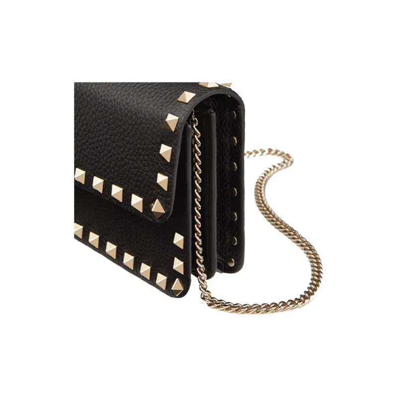 Valentino Rockstud Grained Calfskin Messenger Bag Shoulder Bag Crossbody Bag Clutches Small Size Women's Black-3