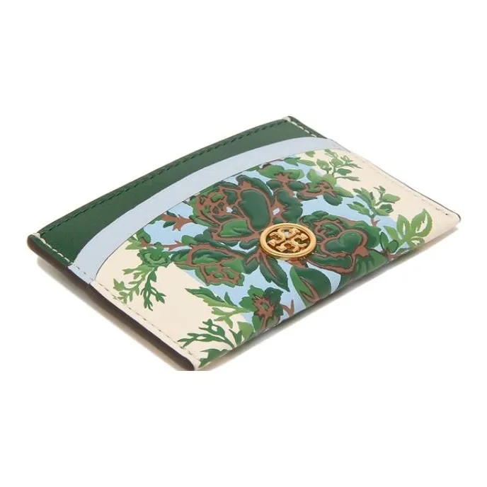 TORY BURCH Leather Card Holder Women's Ivory Blue Green Floral Stripes-3