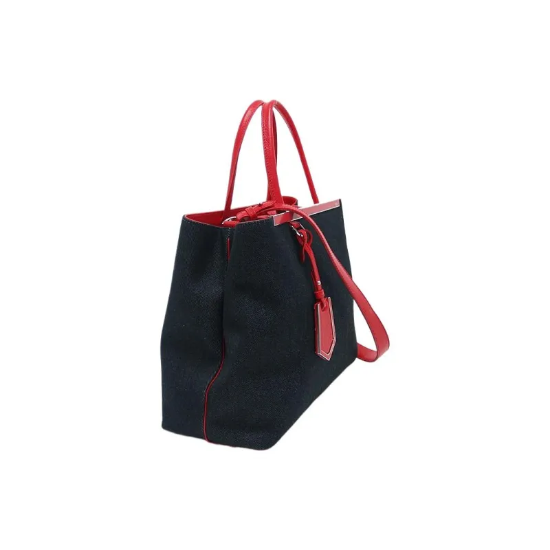 FENDI Denim With Leather Tote Bag Shopping Bag Shoulder Bag Crossbody Bag Handbags Medium Size Women's Black-2