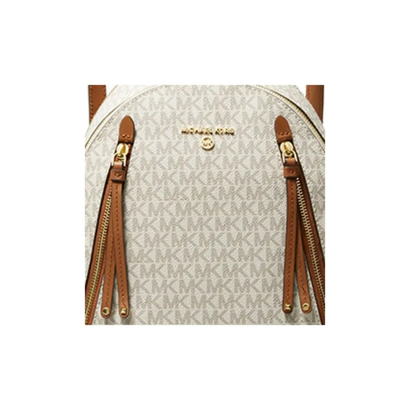 MICHAEL KORS MK Brooklyn Canvas With Leather Trim Backpack Medium Size Women's Ivory & Brown-3