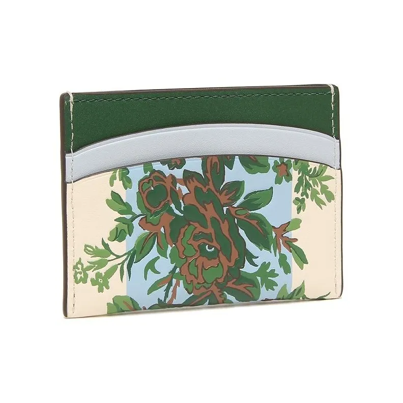 TORY BURCH Leather Card Holder Women's Ivory Blue Green Floral Stripes-2
