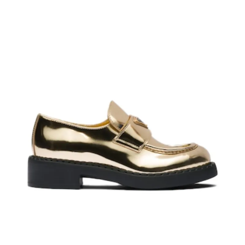 PRADA Metallic 50mm Loafers Platinum Gold Leather Women's-1