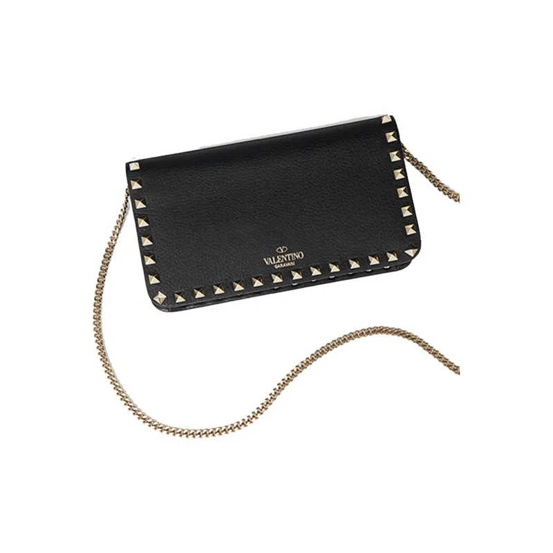 Valentino Rockstud Grained Calfskin Messenger Bag Shoulder Bag Crossbody Bag Clutches Small Size Women's Black-2
