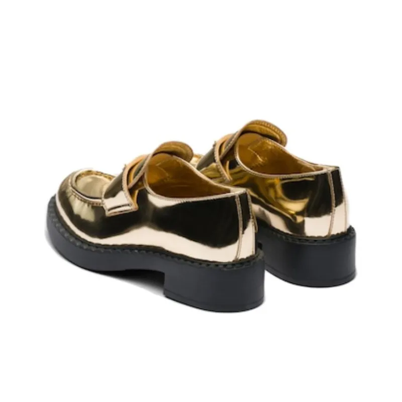 PRADA Metallic 50mm Loafers Platinum Gold Leather Women's-4
