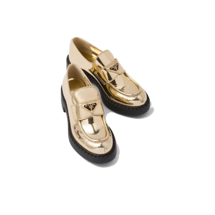 PRADA Metallic 50mm Loafers Platinum Gold Leather Women's-3