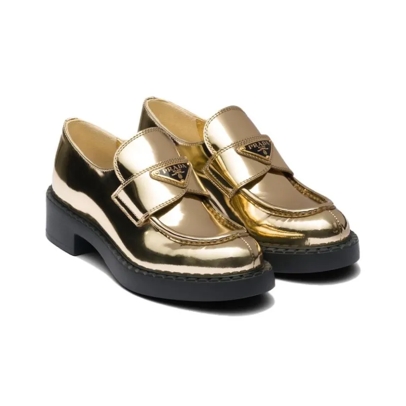 PRADA Metallic 50mm Loafers Platinum Gold Leather Women's-2