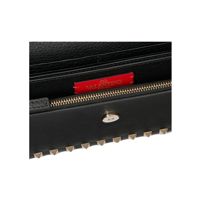 Valentino Rockstud Grained Calfskin Messenger Bag Shoulder Bag Crossbody Bag Clutches Small Size Women's Black-4