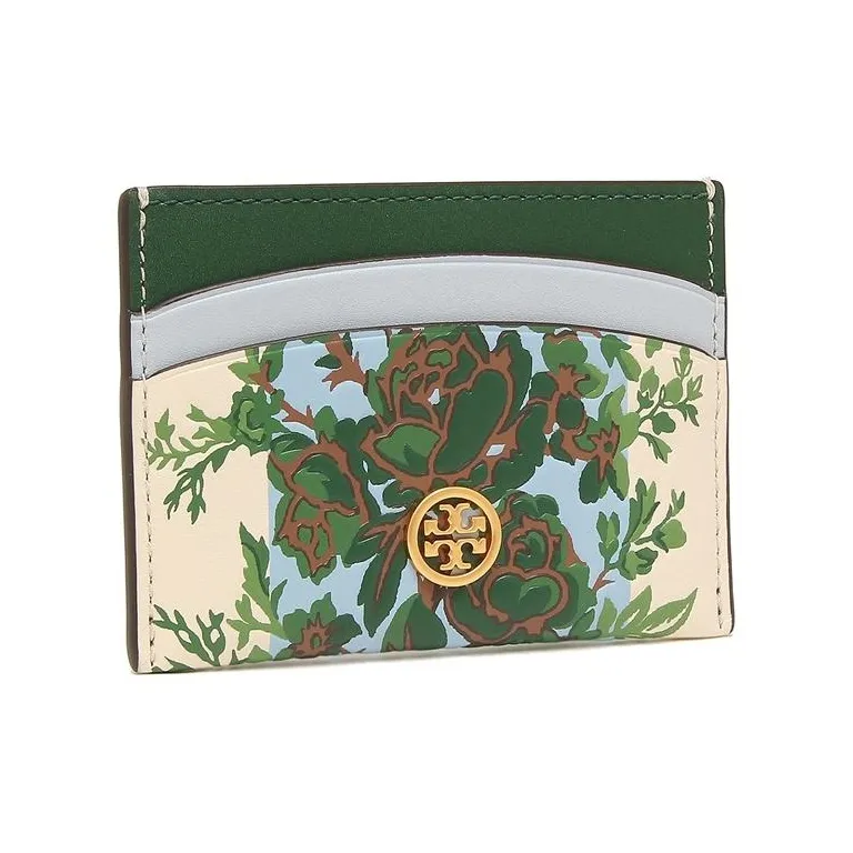 TORY BURCH Leather Card Holder Women's Ivory Blue Green Floral Stripes-1