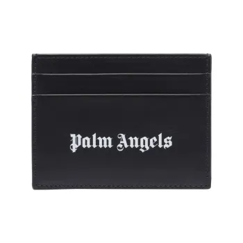 PALM ANGELS Logo Print Leather Card Holder Black