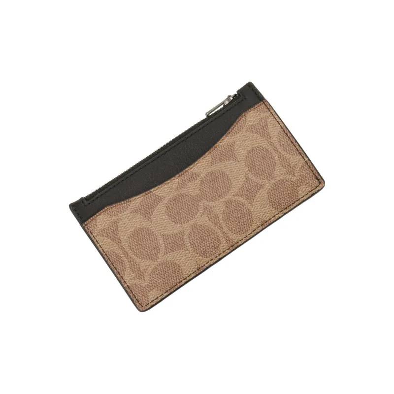COACH Card Case Canvas With Leather Card Clip Wallet Holder Men's Khaki & Black-3