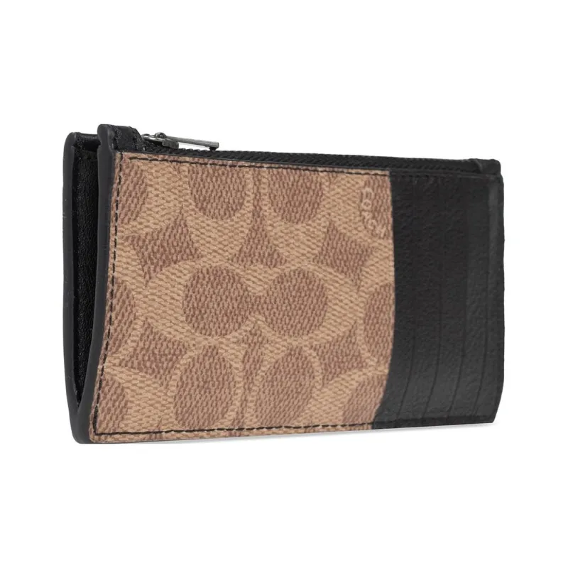 COACH Card Case Canvas With Leather Card Clip Wallet Holder Men's Khaki & Black-2