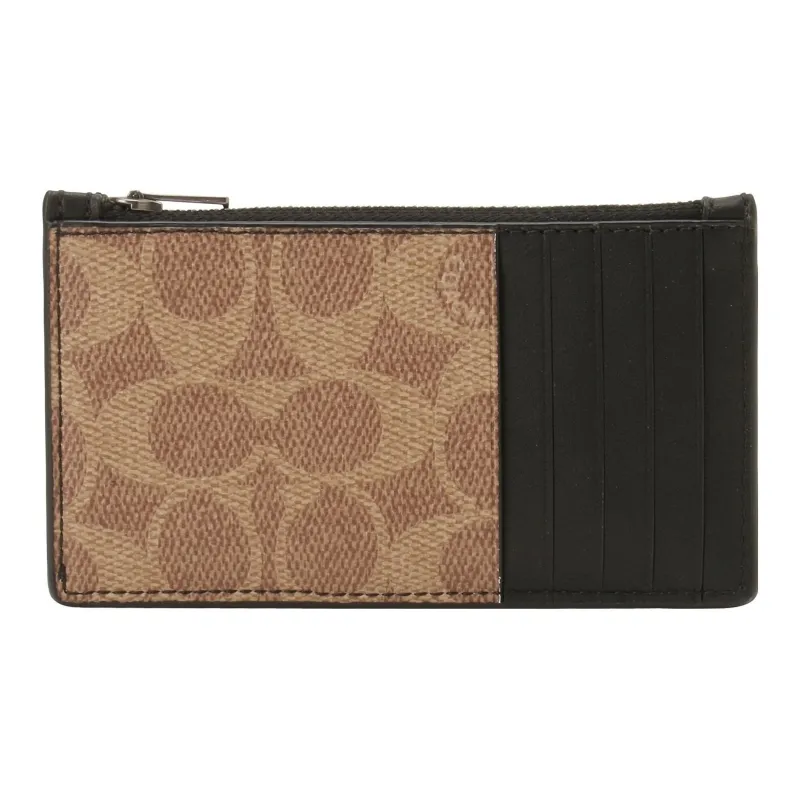 COACH Card Case Canvas With Leather Card Clip Wallet Holder Men's Khaki & Black-1