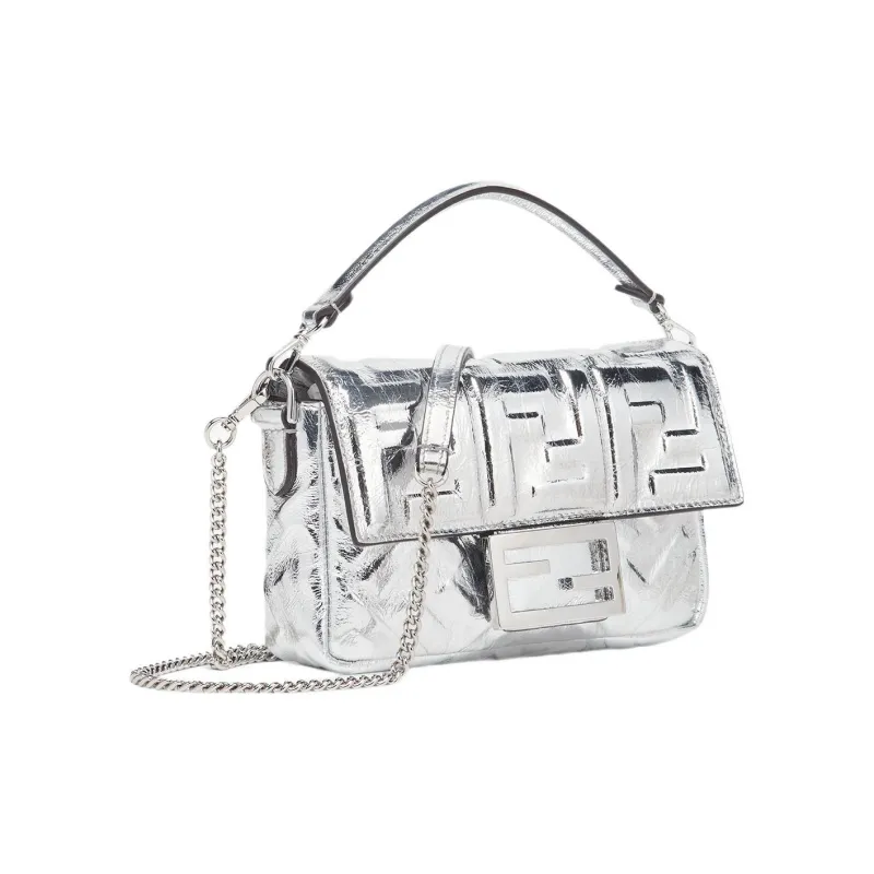 FENDI Baguette Lambskin Portable Crossbody Bag Shoulder Bag Mini Women's Silver-1