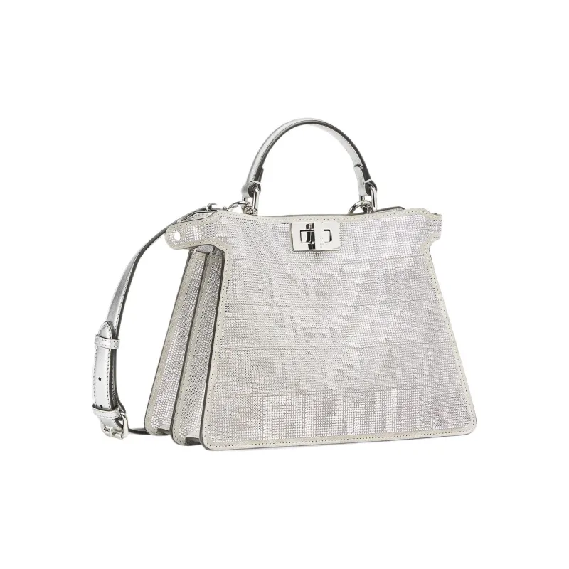FENDI Peekaboo ISeeU Artificial Crystal Calfskin Shoulder Bag Crossbody Bag Handbag Small Size Women's Silver-1