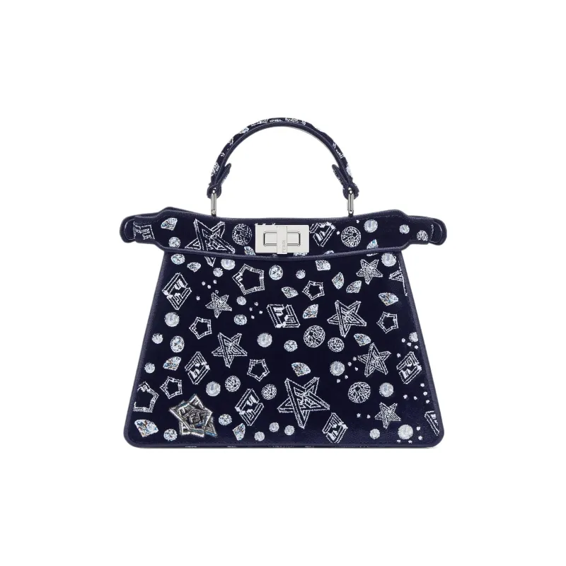 FENDI Peekaboo ISeeU Embroidered Fabric Shoulder Bag Crossbody Bag Handbag Small Size Women's Midnight Blue-3