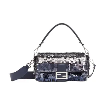 FENDI Baguette Polyester With Calfskin Portable Crossbody Bag, Shoulder Bag Medium Size Women's Blue