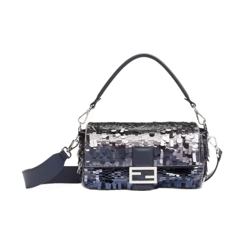 FENDI Baguette Polyester With Calfskin Portable Crossbody Bag, Shoulder Bag Medium Size Women's Blue