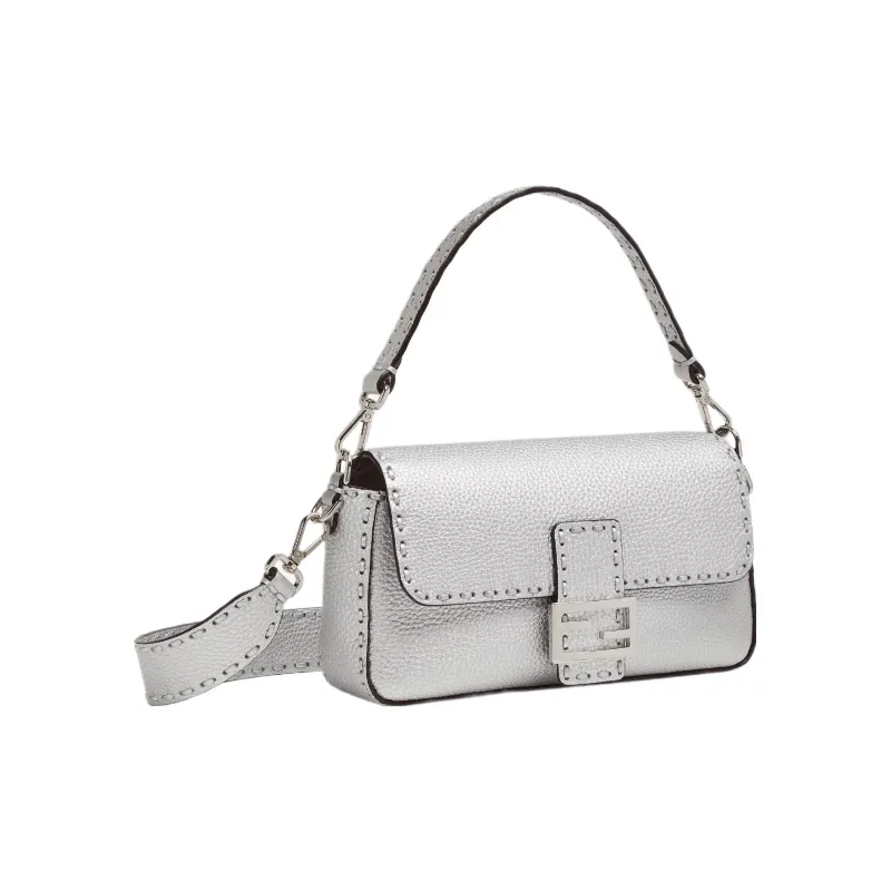 FENDI Baguette Calfskin Portable Crossbody Bag Shoulder Bag Women's Silver-1