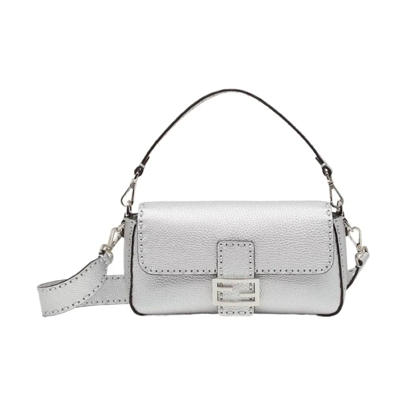 FENDI Baguette Calfskin Portable Crossbody Bag Shoulder Bag Women's Silver-0