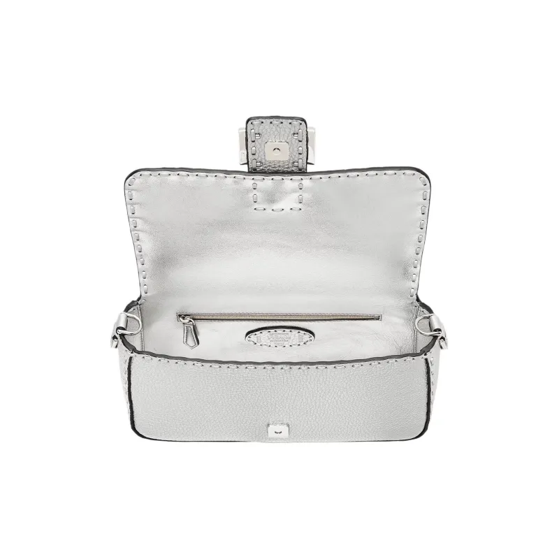 FENDI Baguette Calfskin Portable Crossbody Bag Shoulder Bag Women's Silver-3