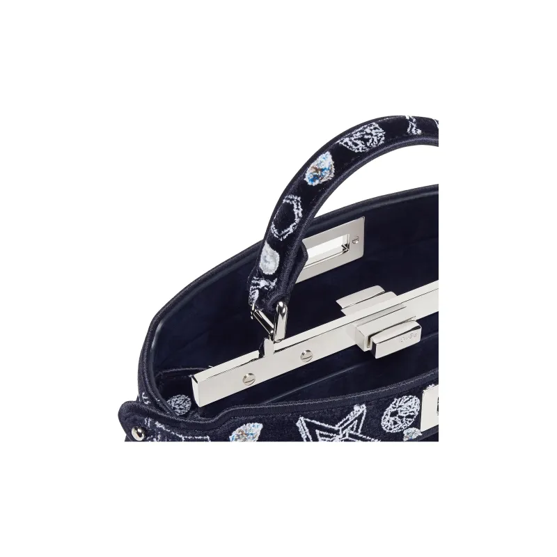 FENDI Peekaboo ISeeU Embroidered Fabric Shoulder Bag Crossbody Bag Handbag Small Size Women's Midnight Blue-4