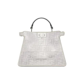 FENDI Peekaboo ISeeU Artificial Crystal Calfskin Shoulder Bag Crossbody Bag Handbag Small Size Women's Silver
