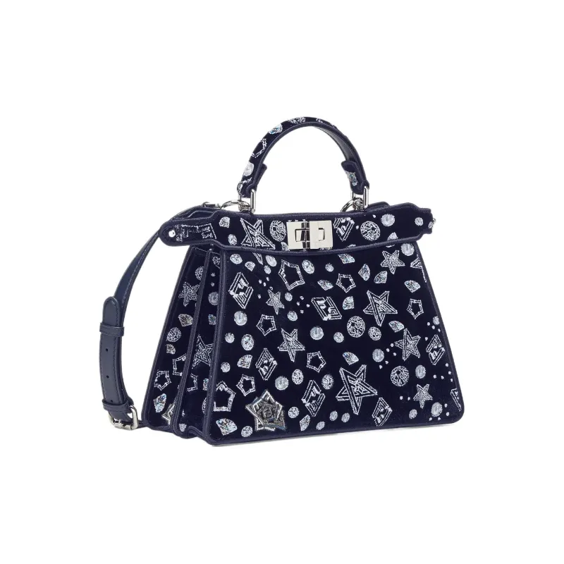 FENDI Peekaboo ISeeU Embroidered Fabric Shoulder Bag Crossbody Bag Handbag Small Size Women's Midnight Blue-1