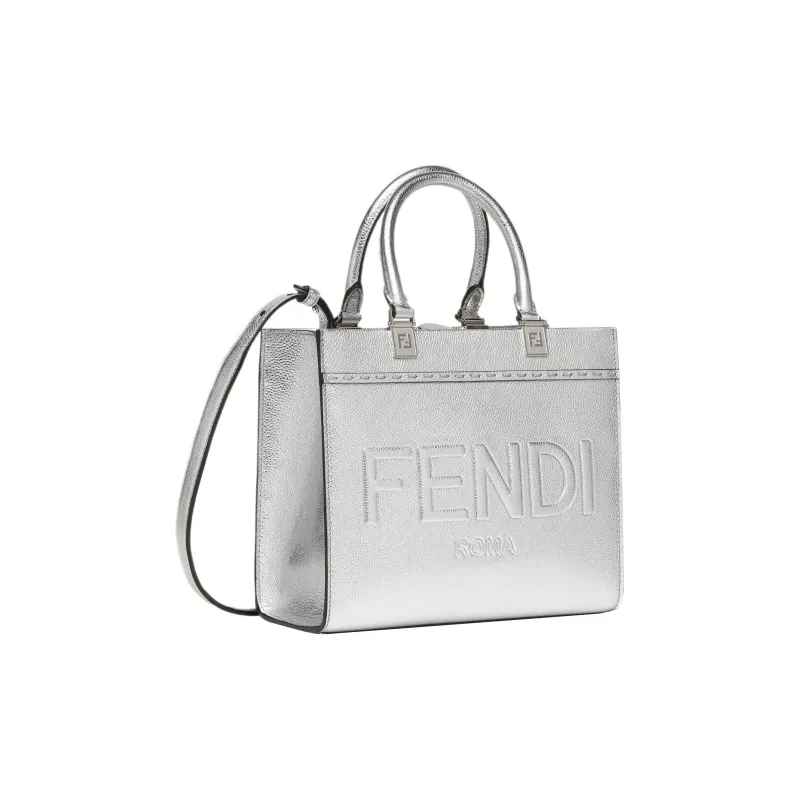 FENDI Sunshine Calfskin Tote Bag Shopping Bag Shoulder Bag Crossbody Bag Handbag Small Size Women's Silver-1