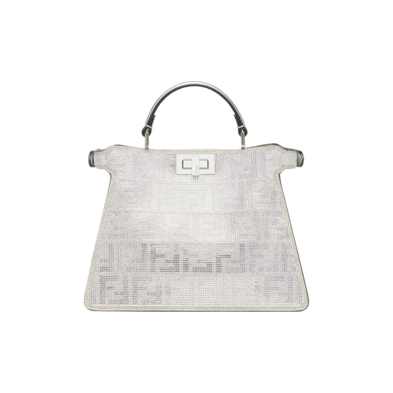 FENDI Peekaboo ISeeU Artificial Crystal Calfskin Shoulder Bag Crossbody Bag Handbag Small Size Women's Silver-2
