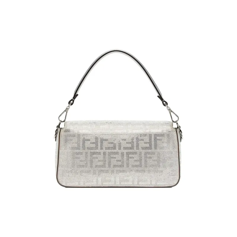 FENDI Baguette Artificial Crystal Calfskin Shoulder Bag Crossbody Bag Handbag Women's Silver-2