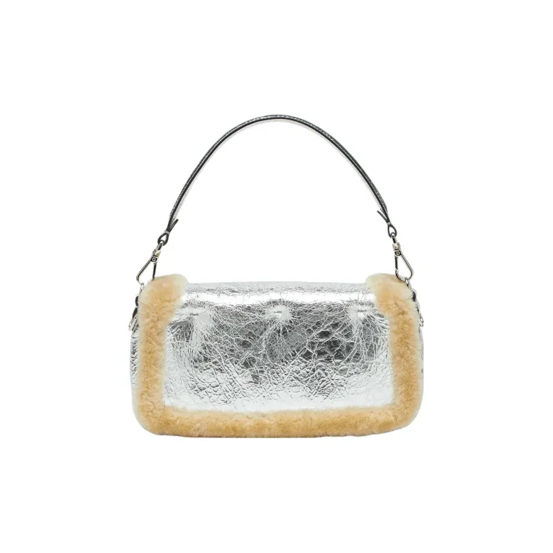 FENDI Baguette Lambskin Portable Crossbody Bag Shoulder Bag Women's Silver-2