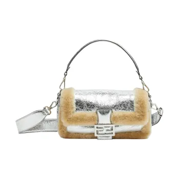 FENDI Baguette Lambskin Portable Crossbody Bag Shoulder Bag Women's Silver