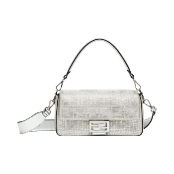 FENDI Baguette Artificial Crystal Calfskin Shoulder Bag Crossbody Bag Handbag Women's Silver