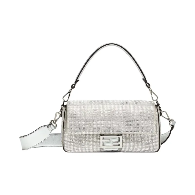 FENDI Baguette Artificial Crystal Calfskin Shoulder Bag Crossbody Bag Handbag Women's Silver-0