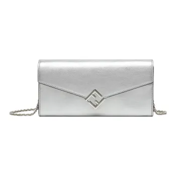 FENDI Baguette Calfskin Shoulder Bag Crossbody Bag Wallet Women's Silver