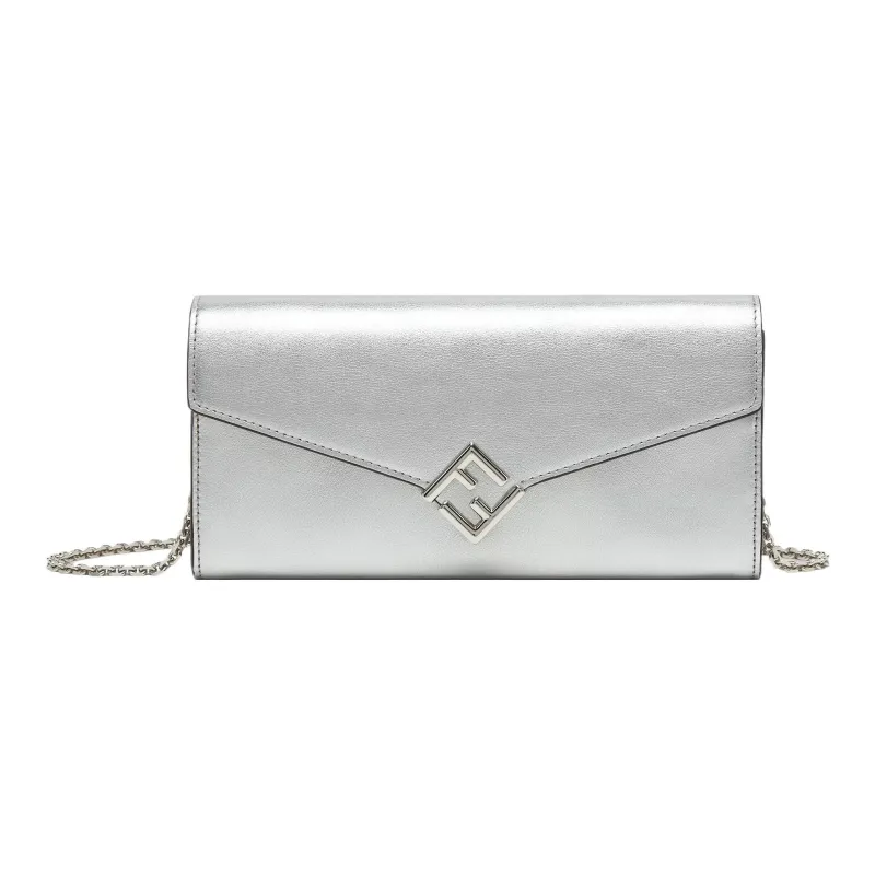 FENDI Baguette Calfskin Shoulder Bag Crossbody Bag Wallet Women's Silver-0
