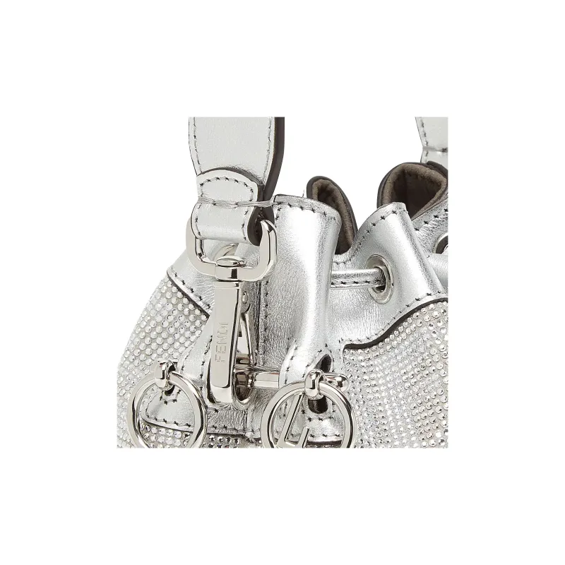 FENDI Mon Tresor Artificial Crystal, Cow Leather Bucket Bag, Shoulder Bag, Crossbody Bag, Handbag Mini Women's Silver-4