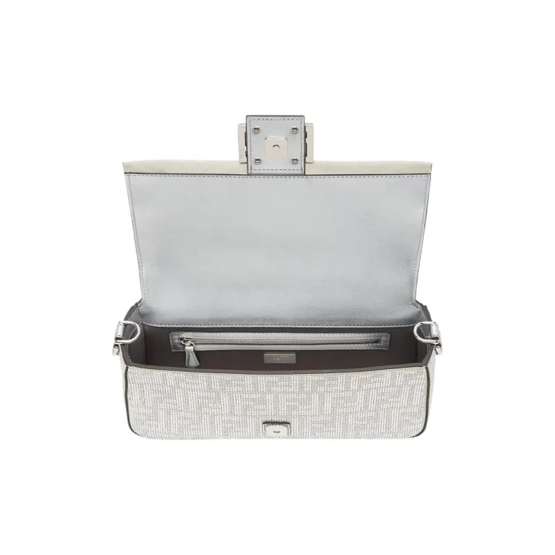 FENDI Baguette Artificial Crystal Calfskin Shoulder Bag Crossbody Bag Handbag Women's Silver-3