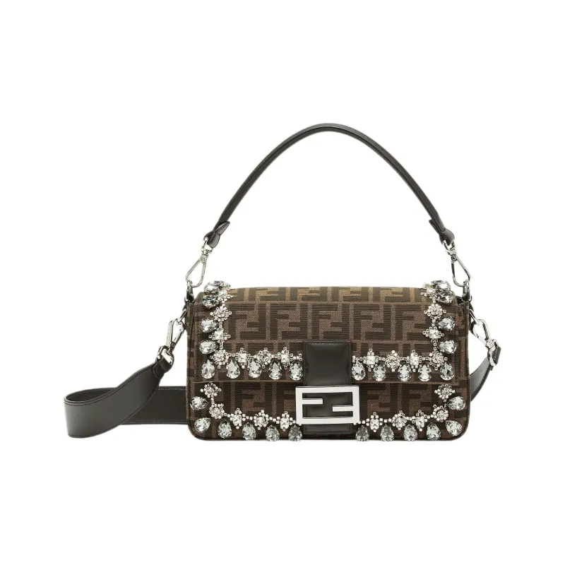 FENDI Baguette Jacquard FF Fabric Shoulder Bag Crossbody Bag Handbag Medium Size Women's Brown-0