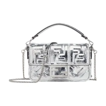 FENDI Baguette Lambskin Portable Crossbody Bag Shoulder Bag Mini Women's Silver