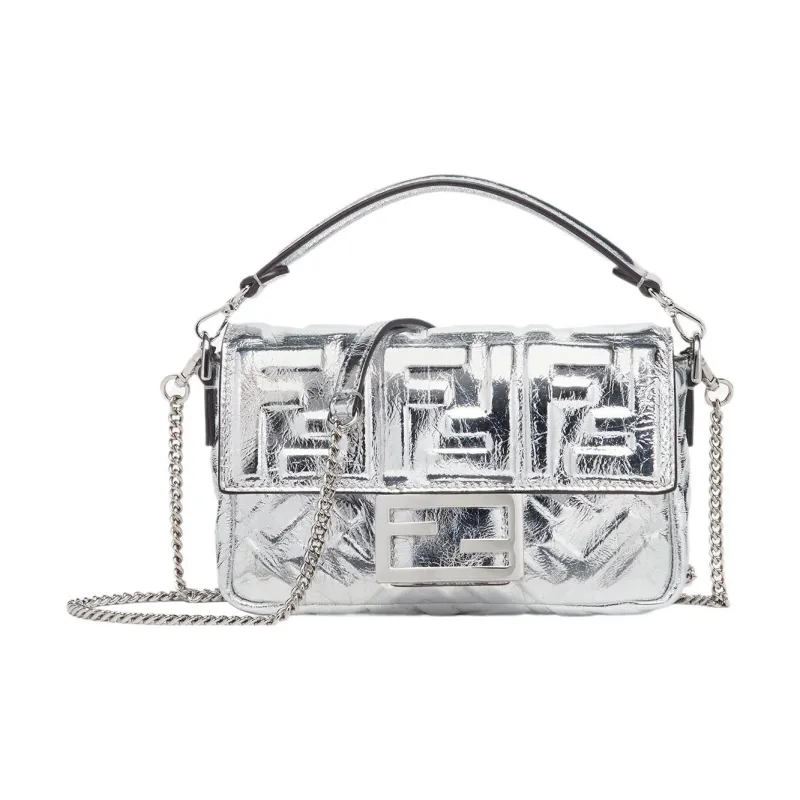 FENDI Baguette Lambskin Portable Crossbody Bag Shoulder Bag Mini Women's Silver-0